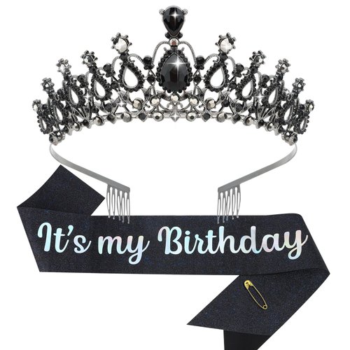 BAHABY Birthday Crown for Women, It's My Birthday Sash & Rhinestone Tiara Set Birthday Decorations Rhinestone Headband for Women Girls- Black