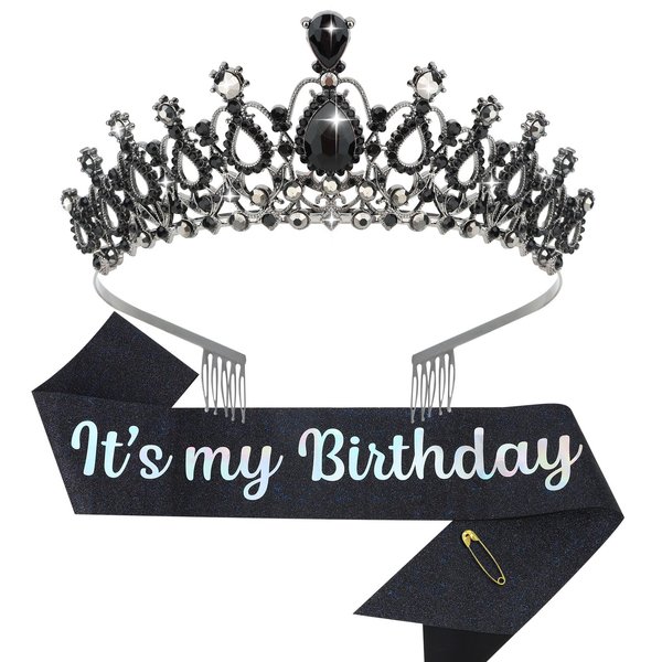 BAHABY Birthday Crown for Women, It's My Birthday Sash & Rhinestone Tiara Set Birthday Decorations Rhinestone Headband for Women Girls- Black