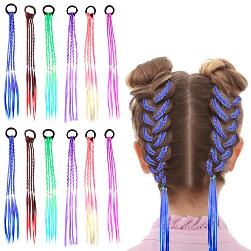 12 Pcs Girls Rubber Bands Hair Extensions, Crazy Hair Day Accessories Colorful Braided Wigs Ponytail Headbands for Women Girls Kids Rainbow Braided Synthetic Hairpieces with Rubber Bands (15.7inch)