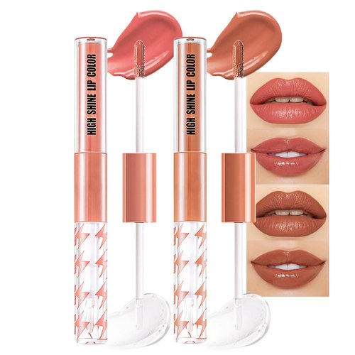 2Pcs Nude Brown Liquid Lipstick with Clear Lip Gloss Set Makeup,Fat Oil Lip Gloss High Impact Lipstick Makeup,Long Lasting Waterproof Lip Gloss Pack Gift Kit Lip Gloss for Women