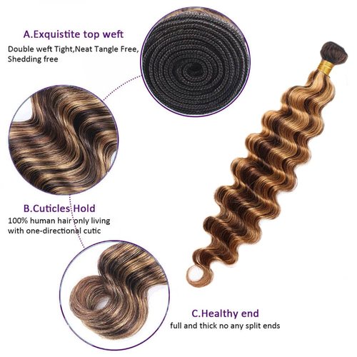 Honey Blonde Deep Wave Bundle Highlight Human Hair Bundle 8A Brazilian Virgin Brown Deep Wave 2 Bundles 12 12 Inch Double Weft Color P4/27 Deep Wave Bundle Human Hair Extensions