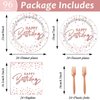 Wiooffen 96PCS Rose Gold Birthday Paper Plates and Napkins Party Supplies Happy Birthday Party Decorations Disposable Birthday Party Tableware Dinnerware Set for Women Girls Birthday Serves 24 Guests