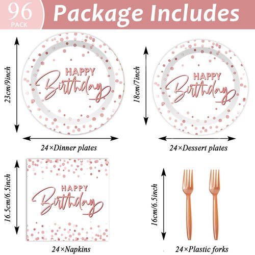 Wiooffen 96PCS Rose Gold Birthday Paper Plates and Napkins Party Supplies Happy Birthday Party Decorations Disposable Birthday Party Tableware Dinnerware Set for Women Girls Birthday Serves 24 Guests