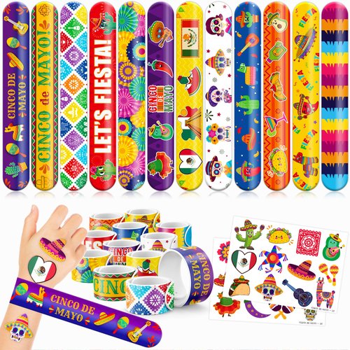 48 Mexican 24PCS Fiesta Temporary Tattoos Sticker 24PCS Slap Bracelets Perfect for Themed Birthday Party Favors Baby Showers or Classroom Rewards Ideal Decor and Gifts for Girls and Boys