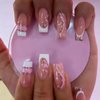 MISUD Press on Nails Long Coffin Fake Nails Glossy Glue on Nails Pink Acrylic Nails Ballerina Artificial Nails Bling Glitter French Tip Stick on False Nails with Desgin 24 pcs