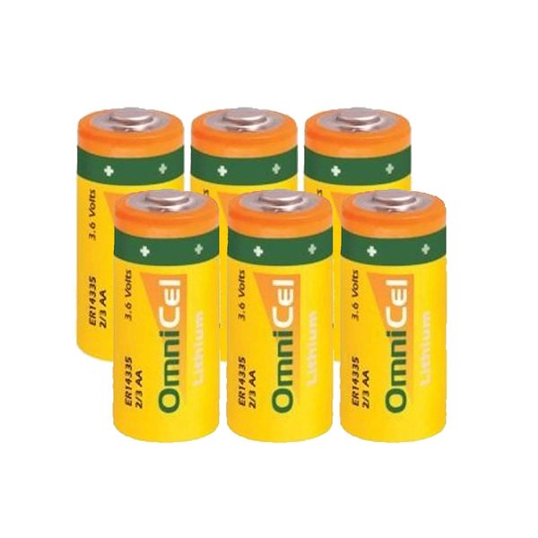 6x OmniCel ER14335 3.6V 1.65Ah 2/3AA Lithium Button Top Battery For Smoke Alarms, Carbon Monoxide Detectors, Intrusion Sensors, Invisible Fencing, Emergency Backup, Data Collection, AMR Add-ons