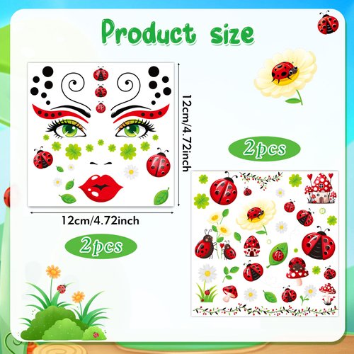 HOWAF 4 Sheets Ladybug Face Tattoos Black & Red Lady Bug Face Tattoos for Women Girls Makeup, Spring Season Ladybug Temporary Tattoos for Beetle Party Birthday Supplies ladybug Costume Accessories