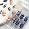24Pcs Halloween Press on Nails Short Square Fake Nails French Skulls False Nails Full Cover Cute Acrylic Nails Blue Purple Cobwebs Deigns Artificial Nails Glossy Glue on Nails for Women and Girls