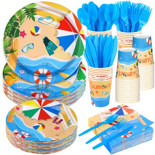 ADXCO 192 Pieces Beach Party Supplies Summer Pool Party Tableware Set Including Beach Party Paper Plates Napkins Cups Forks Knives Spoons for Hawaii Party Beach Birthday Party Favor Decoration