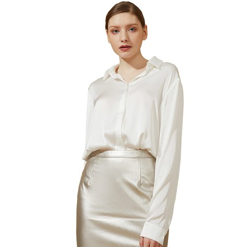 Escalier Women's Satin Silk Long Sleeve Button Down Shirt Casual Work Office Silky Blouse Top White M