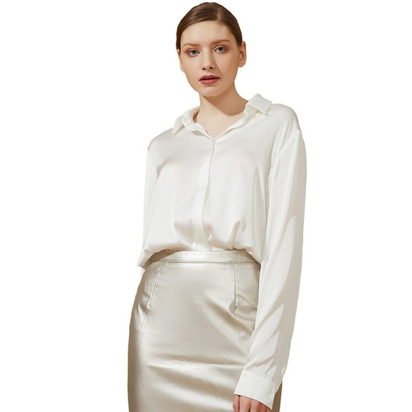 Escalier Women's Satin Silk Long Sleeve Button Down Shirt Casual Work Office Silky Blouse Top White M