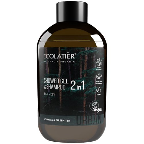 ECOLATIÈR Shower Gel & Shampoo 2-in-1 Energy for Men, Natural Mens Body Wash & Shampoo, 97.5% Natural Ingredients, Vegan, Hair & Body Wash Men, 20.3 Fl Oz / 600ml