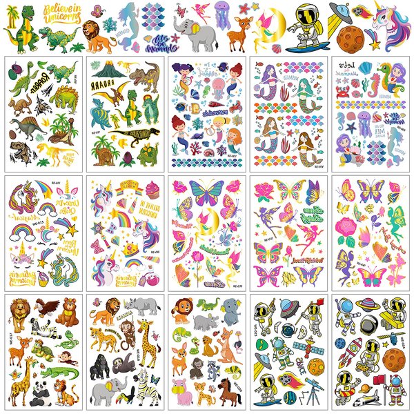 Zayvor 250+ Temporary Tattoos for Kids, U ni cor, Mermaid Outer Space Dinosaur Glitter Tattoo,Boy Girl Wild One Birthday Party Favor Supplies,Goodie Bag Filler Stuffers Halloween Party Accessories