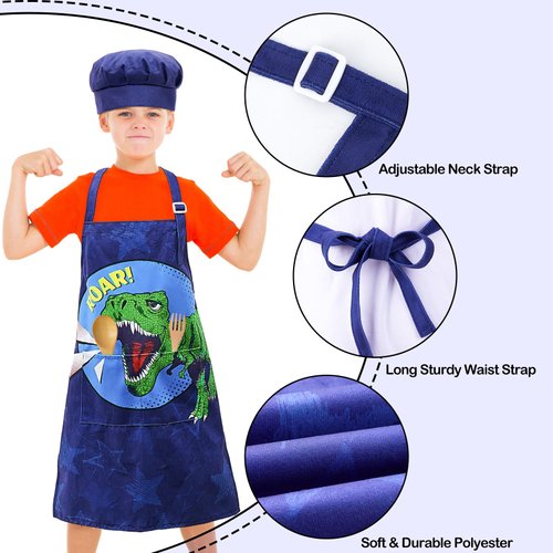 MHJY Kids Apron and Chef Hat for Boys Dinosaur Child Aprons with Pockets,Adjustable Child Apron for Cooking Baking Painting,Navy-Green,Small (3-7 Years)
