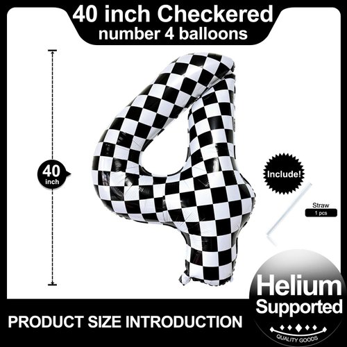 Checkered Number 4 Balloons 40 Inch Giant Race Car Checkered 4 Balloons for Racing Car Checkered 4th Birthday Party Supplies