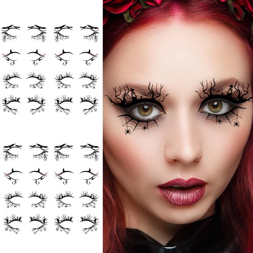 16 Pairs Halloween Eyeliner Sticker Eye Shadow Temporary 3D Self- Adhesive Tattoos for Women Girls Halloween Party Bat Spider Face Waterproof Fake Eye Tattoos for Face Makeup