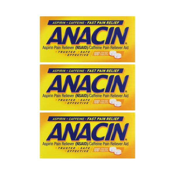 ANACIN Fast Pain Aspirin Tablets, 100 Tabs (Pack of 3)