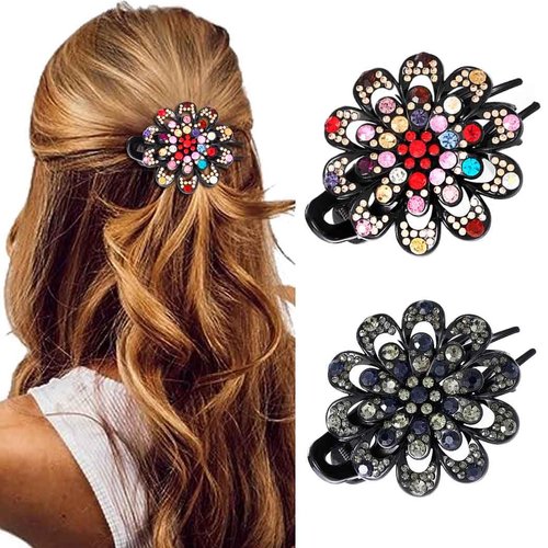 Bartosi Hair Claw Clips Crystal Hair Clip Flower Hairpins Ponytail Rhinestone Decorative Hair Pin Hair Accessories for Women and Girls (Pack of 2)