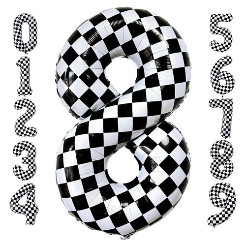 Checkered Number 8 Balloons 40 Inch Giant Race Car Checkered 8 Balloons for Racing Car Checkered Birthday Party Supplies
