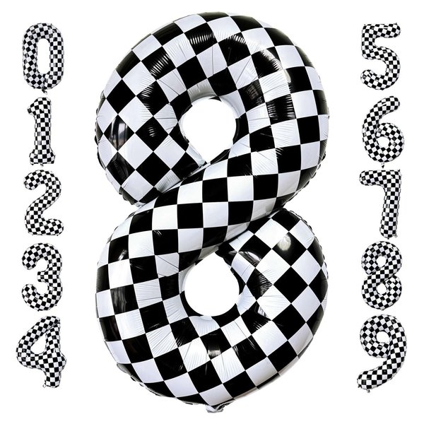 Checkered Number 8 Balloons 40 Inch Giant Race Car Checkered 8 Balloons for Racing Car Checkered Birthday Party Supplies