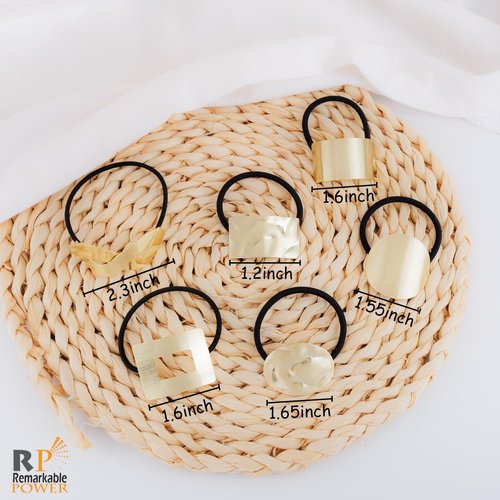 RP Remarkable Power, 6 Pack Gold Ponytail Holder Hair Ties Metal Hair Cuff Hair Elastic Rope for Women