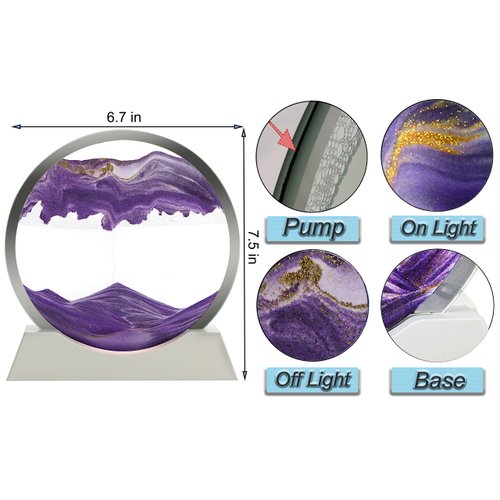 Szoranct Moving Sand Art Lamp Round Glass Flowing Sand Frame, Sand Art Liquid Motion and 3D Deep Sea Moving Sandscapes, for Office and Home Decor (7", Purple with Light)