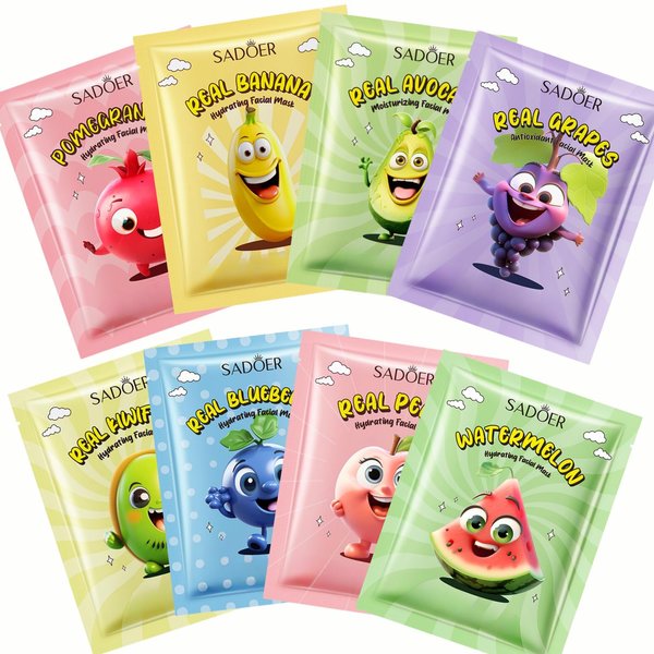 Hydrating Face Masks - Face Masks Skincare - Cartoon Fruit Face Mask Pack in 8PCS - Birthday Gifts for Teen Girls - Moisturizing, Antioxidant & Nourishing Facial Mask - Sheet Mask (8PCS, Fruit)