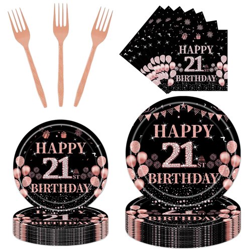 Rakuto 21st Birthday Party Tableware - 96PCS 21st Party Plates Napkins Forks Supplies Rose Gold 21st Birthday Party Supplies Decorations Girls Happy 21st Birthday Party Dinnerware Decor (24 Guests)