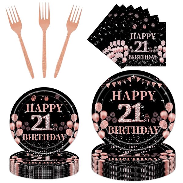 Rakuto 21st Birthday Party Tableware - 96PCS 21st Party Plates Napkins Forks Supplies Rose Gold 21st Birthday Party Supplies Decorations Girls Happy 21st Birthday Party Dinnerware Decor (24 Guests)