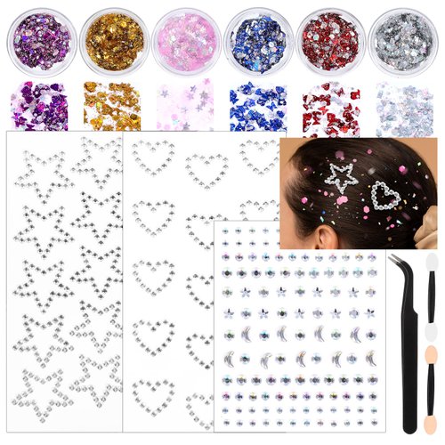 Face Gems Hair Glitter Face Glitter with Heart Star Face Gems Stick On Body Makeup Glitter Makeup for Eyes Face Hair Body Nails Rave Party Concert Makeup