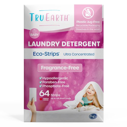 Tru Earth Hypoallergenic Baby Laundry Detergent Sheets/Strips for Sensitive Skin, 64 Count, Up to 128 Loads: Fragrance Free Baby Detergent Laundry Newborn, Infants, Toddlers, Children, Baby Clothes