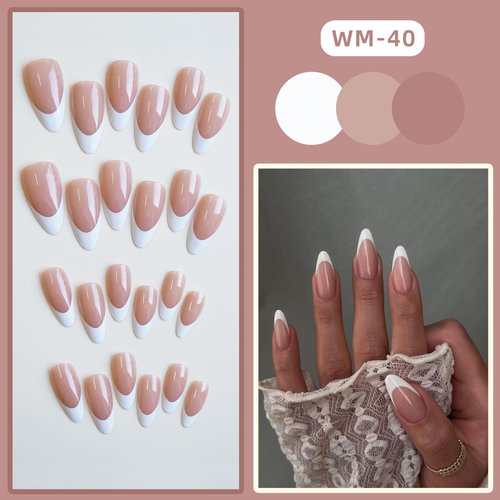 White French Tip Press on Nails Medium Almond Fake Nails White Tips Nails Glossy Glue on Nails Chrome False Nails Full Cover Stick on Nails Nude Acrylic Artificial Nails for Women Manicure