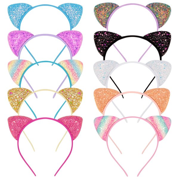 COCIDE 10Pcs Cat Ears Headbands Glitter Taylor Party Decorations Headbands for Girls Gabby Party Favors Kitty Birthday Supplies for Women Halloween Hair Accessories Hair Hoops Costume