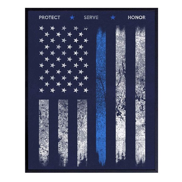 Police Flag Art Print - Rustic Wall Art Poster - Chic Home Decor for Office, Man Cave, Station, Gift for Police Officer, First Responder - 8x10 Photo Unframed