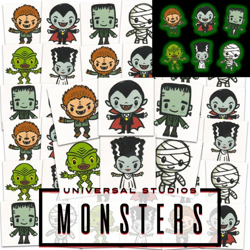 Horror Movie Tattoos Party Favors Bundle ~ 72 Perforated Individual 2" x 2" Universal Monsters Glow in the Dark Temporary Tattoos Featuring Frankenstein, Dracula, More (Halloween Non-Candy Treats)