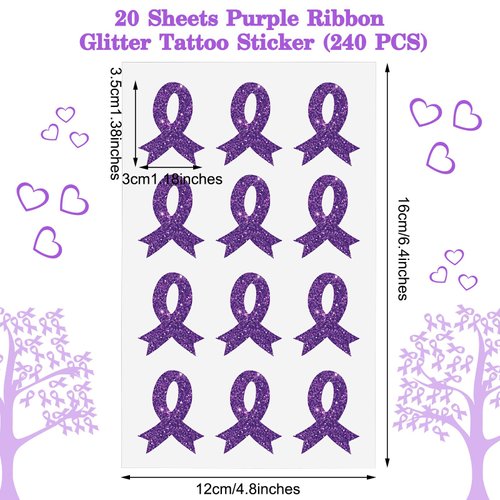 20 Sheets 240 Pcs Purple Ribbon Glitter Tattoos Domestic Violence Awareness Ribbon Temporary Tattoos Lupus Overdose Alzheimers Pancreatic Cancer for Women Man Charity Public Social Event