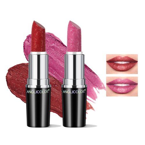 Anglicolor 2pcs Glitter Lipstick High Impact Lipcolor,Red and Pink Lipstick Moisturizing Creamy Formula,Metallic Lipstick For Women For Vegan & Cruelty-Free,Full-Coverage Lip Color
