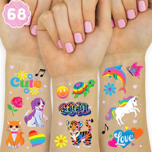 xo, Fetti Cute Neon Rainbow Animal Temporary Tattoos - 68 Iridescent Foil Pcs | Nostalgia Bright Birthday Accessory, Childhood Bachelorette Party Favor, Cute Kids Activity