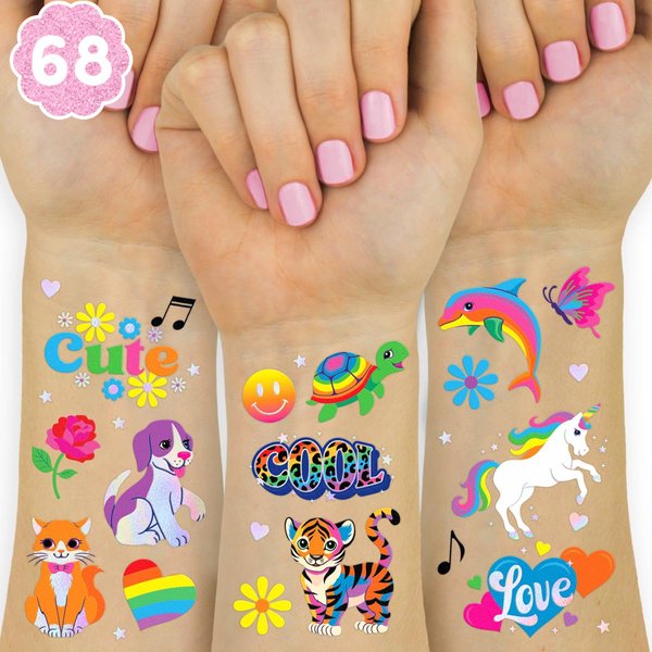 xo, Fetti Cute Neon Rainbow Animal Temporary Tattoos - 68 Iridescent Foil Pcs | Nostalgia Bright Birthday Accessory, Childhood Bachelorette Party Favor, Cute Kids Activity