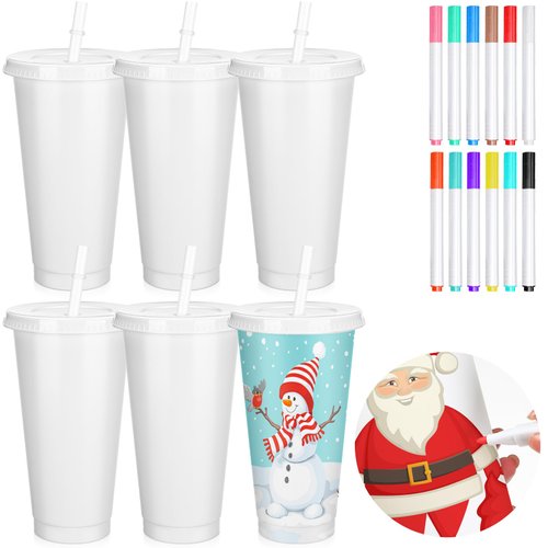 Yetene 6 Pcs Christmas Paint Your Own Cups with 12 Color Pen DIY Kit Paintable Plastic Cups with Lids and Straws Personalized Tumblers DIY Cups for Adults Christmas Gifts Color Your Own Craft(24oz)