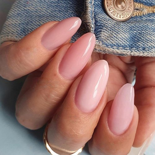 GLAMERMAID Nude Pink Press on Nails Medium Almond, Natural Jelly Gel Nails Pure Stiletto Fake Nails with Design, Short Oval Stick Glue on Nails Tips for Women, Reusable Acrylic Daily False Nail Kits
