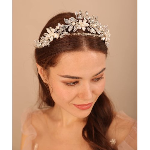 Xerling Bridal Flower Crown Tiara Silver Leaf Headband Rhinestones Headpieces for Women Girls Hair Accessories Wedding Prom (Silver)