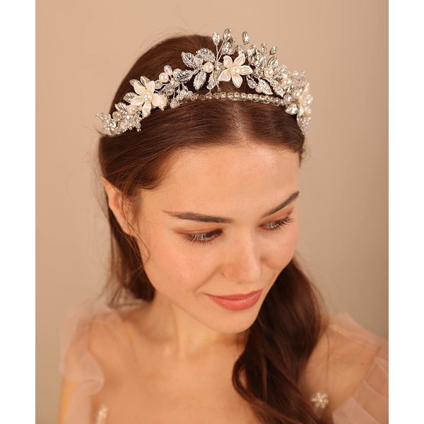 Xerling Bridal Flower Crown Tiara Silver Leaf Headband Rhinestones Headpieces for Women Girls Hair Accessories Wedding Prom (Silver)