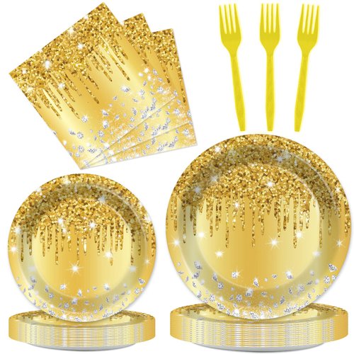 96 PCS Gold Birthday Tableware Set for Golden Themed Happy Birthday Party Supplies Golden Diamond Dinner Plates Gold Napkins Forks for 24 Guests Men Women Anniversary Engagement Wedding Party Favors