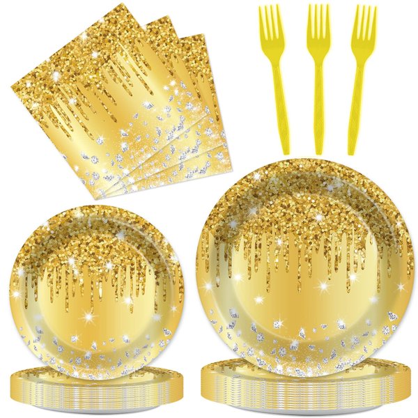 96 PCS Gold Birthday Tableware Set for Golden Themed Happy Birthday Party Supplies Golden Diamond Dinner Plates Gold Napkins Forks for 24 Guests Men Women Anniversary Engagement Wedding Party Favors