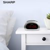 SHARP Small Digital Alarm Clock with Snooze and Battery Backup, Easy to Use Top Button Controls for Simple Use, Silver Case with Red Easy to Read LED Display