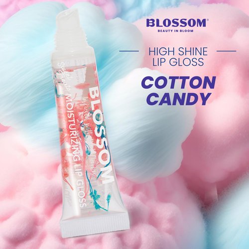 Blossom Flower Lip Gloss, High Shine Lip Gel, Scented, Thick Moisturizing Clear Lip Gloss Tubes with Nourishing Jojoba Seed Oil, Infused with Real Flowers, 0.3oz, Cotton Candy