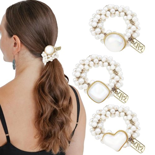 3 PACK Beaded Hair Ties, Pearls Hair Scrunchies Elastic Ponytail Holder Beaded Hair Scrunchies Sparkly Crystal Hair Bands Hair Accessories for Women and Girls