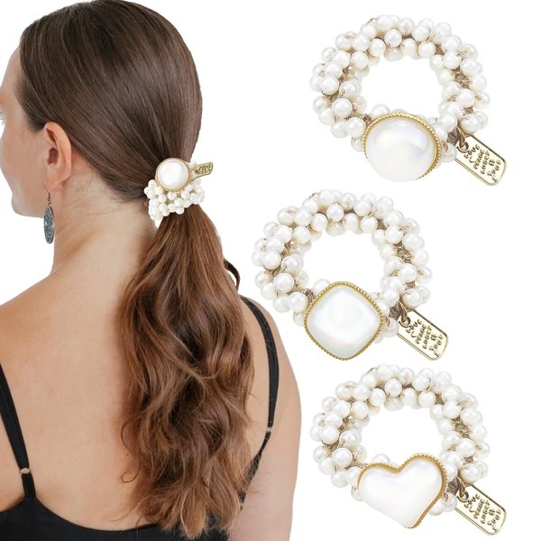 3 PACK Beaded Hair Ties, Pearls Hair Scrunchies Elastic Ponytail Holder Beaded Hair Scrunchies Sparkly Crystal Hair Bands Hair Accessories for Women and Girls