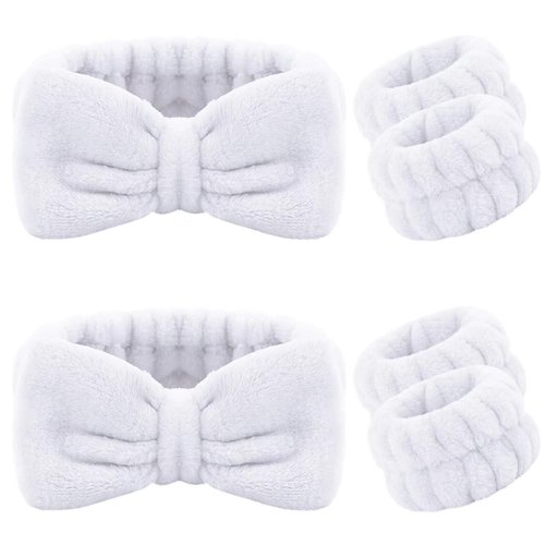 6 Pieces Spa Headband Wrist Washband Scrunchies Cuffs for Washing Face, Towel Wristbands Hair Headband Face Wash Wristband for Women Girls Makeup Prevent Liquids from Spilling Down Your Arms (White)